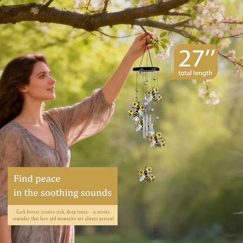 YU FENG Bee Wind Chime with Crystal Suncatcher, Memorial Outdoor Decor - style: Wildflower – Bee – 27 Inch