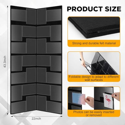 Qunclay Floor Standing Collage Photo Frame Decorative 32 Openings 3.6 x 5 Inch Hinged Folding Partition Screen Style Picture Frame Black Felt Multiple Collage Photo Display Board for Wall Corner