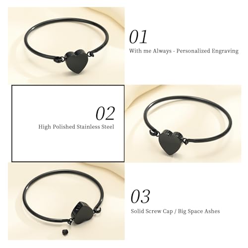 Oinsi Heart Urn Bracelet for Ashes, Cremation Jewelry Leather Bracelets for Men Women, Memorial Jewelry With Filling Kits - color: Black
