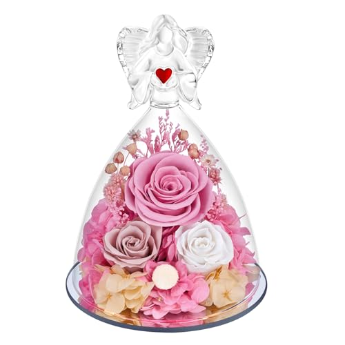 Preserved Flowers in Glass Angel Figurine with LED Light,Forever Real Roses Prime Eternal Flower Birthday Glitter Decorations for Her Women Mom Grandma Sister (Pink) - color: Pink