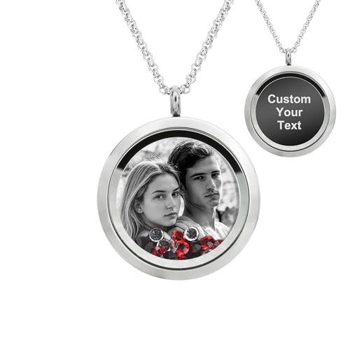 Laser Engraved Personalized Photo & Text Message Floating Locket Crystals Necklace Pendant Handmade Love Note Anniversary Wedding Birthday Gift - style: Red - Photo + Message Engraving