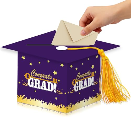 Graduation Card Box with Tassel – Cardboard Grad Card Holder for Graduation Party Decorations 2026, Large Capacity Money Box for Gift Cards Purple - color: Purple