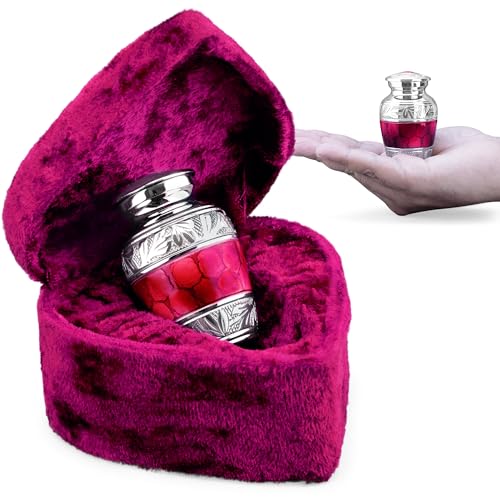 Small Keepsake Urn for Human Ashes, Mini 3 Inch Brass Urn, Red | Hand-engraved brass cremation keepsake in a velvet heart case; holds a small share of ashes for men, women, infants and pets - color: Red