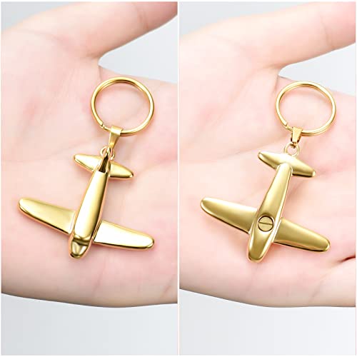Minicremation Cremation Jewelry Urn Keychain for Ashes Airplane Memorial Urn Pendant for Human Pet's Keepsake Key Chain - color: Gold