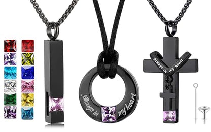 YOUFENG 3 Pieces Cremation Urn Necklaces for Ashes Keepsake Cremation Jewelry Cross Round Bar Birthstone Crystal Stainless Steel Memorial Pendant for Women Men - color: Pink Crystal