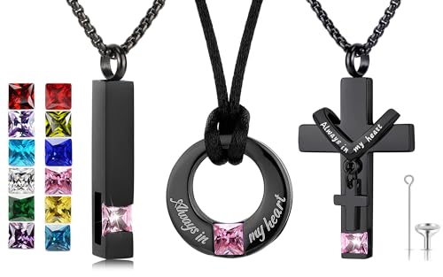YOUFENG 3 Pieces Cremation Urn Necklaces for Ashes Keepsake Cremation Jewelry Cross Round Bar Birthstone Crystal Stainless Steel Memorial Pendant for Women Men - color: Pink Zircon