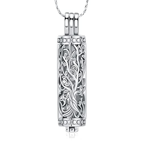 Imrsanl Cremation Jewelry Urn Necklace for Ashes Pendant with Hollow Glass Vial Cylinder Cremation Keepsake Memorial Lockets Ashes Holder for Women Men Pet - color: Tree-Silver
