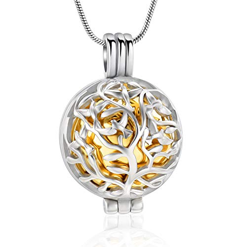 Cremation Jewelry Urn Necklace for Ashes with Hollow Mini Ball Keepsake Urn Pendant Memorial Jewelry for Ashes - color: Silver with Gold