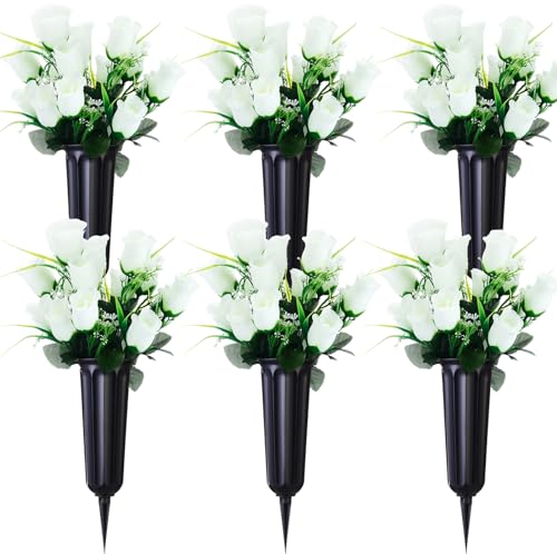 Tigeen 6 Set Cemetery Memorial Flowers for Grave Decor,Cream White | 12 Bunches 84 Heads, Artificial Silk Rose Floral Bouquet with Grave Vase for Gravesite Cemetery Headstones Decorations - color: Cream White