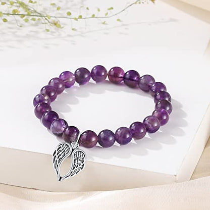 QWNHONEY Memorial Gifts for Loss of Loved Sympathy Remembrance In Memory of Mother Father Pet Bereavement Grief Pink Red Beads Bracelet with Angle Wings Jewelry Gifts for Women - style: Purple-Wings-I was always his angel, now he's mine