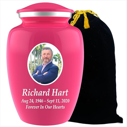 Personalized Photo Cremation Urns for Human Ashes Adult Male Female - 200lbs Custom Photo Burial Urns for Human Ashes - Engraved Handcrafted Funeral Decorative Urns for Adult with Velvet Bag, Pink