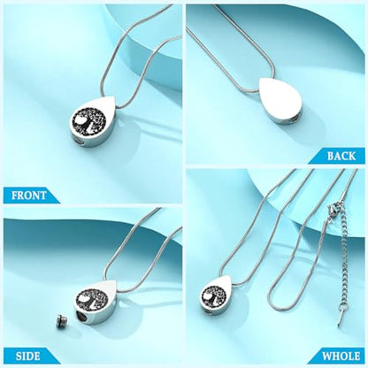 Hearbeingt Teardrop Urn Necklaces for Ashes Tree of Life Memorial Locket - color: Silver