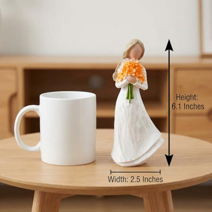 Angel Figurines Guardian Angel Statue Holding Orange Flower Bouquet Elegant White Resin Angel Figurine Hand Painted for Shelf Tabletop Living Room Office Sympathy Gift - color: Orange