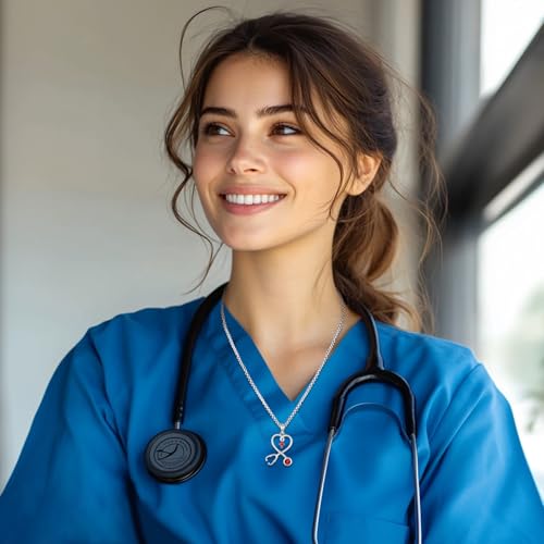 Angel Wings Necklace 925 Sterling Silver Guardian Angel Nurse RN Caduceus Pendant Charm Crystal Angel Jewelry Gifts for Women - style: H-Stethoscope-01-Jan.-Garnet