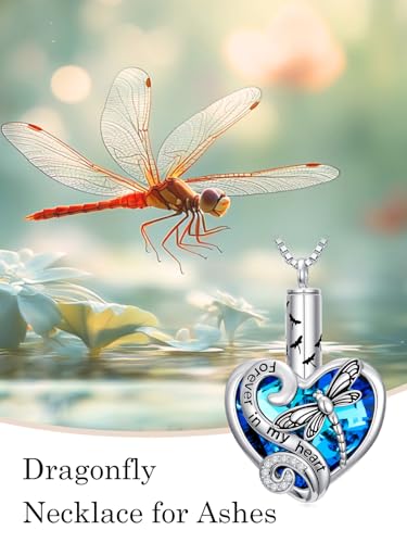 WINNICACA Silver Cremation Urn Necklaces for Ashes of Loved Ones - style: Dragonfly Crystal Necklace
