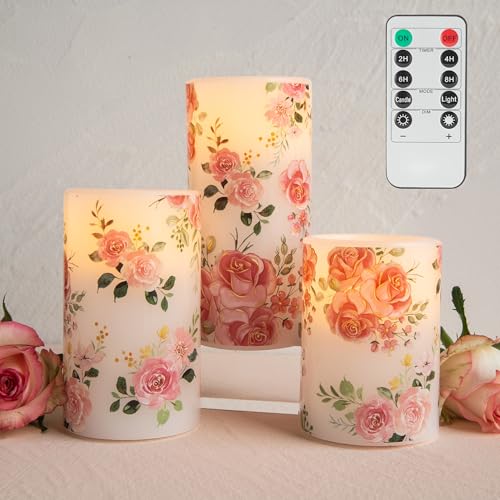 Flameless Rose Candles, Pink Floral Battery Operated Remote Candles | Romantic Pink Rose LED Candles Set of 3, Valentine's Day Fake battery Candles Gift Home Table Mantel Decor - color: Rose-Wax