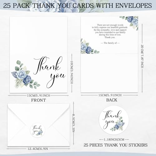 Marspark 25 Pack Sympathy Thank You Cards for Funeral with Envelopes Sticker and Message Memorial Bereavement Postcards for Loved Ones Family Friends Celebration of Life(Floral) - style: Blue Floral
