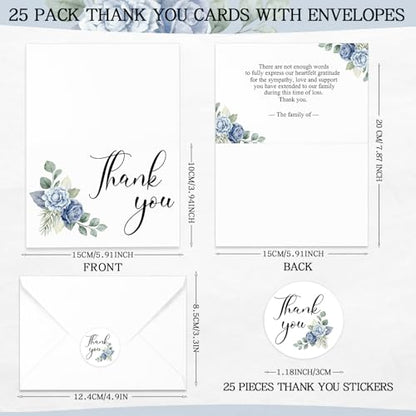 Marspark 25 Pack Sympathy Thank You Cards for Funeral with Envelopes Sticker and Message Memorial Bereavement Postcards for Loved Ones Family Friends Celebration of Life(Floral) - style: Blue Floral