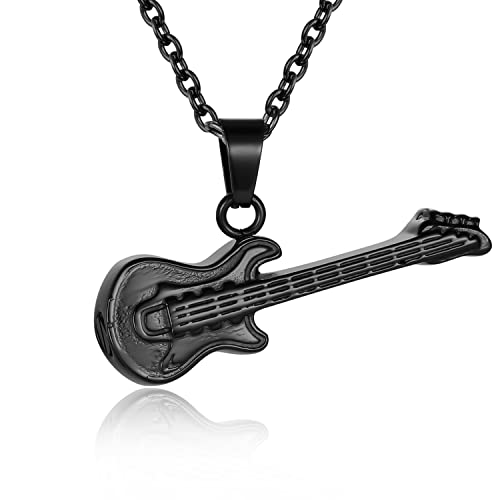 Guitar Cremation Jewelry for Ashes, Stainless Steel Guitar Shaped Urn Necklace for Men Women, Music Memorial Keepsake Pendant with Screw-Thread Chamber for Loved One - color: Black