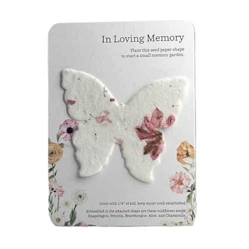 Of The Earth Handmade Paper - Custom Memorial Favors - In Loving Memory Recycled Card 3.5" x 4.875" w/Seed Paper Shapes - Set of 16 (ILM Butterfly (Ranunculus)) - color: ILM Butterfly (Ranunculus)