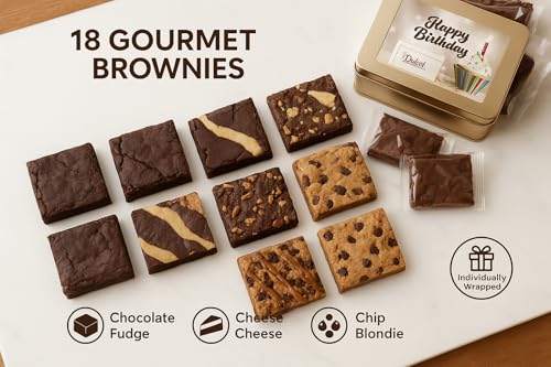 Birthday Gift For Women, Birthday Gift Basket - 18 Individually Wrapped Brownies Freshly Baked in a Variety of Flavors - Dulcet's Signature Flavored Fudge Brownies - Gift Box Comes with Happy Birthday Card - style: Birthday
