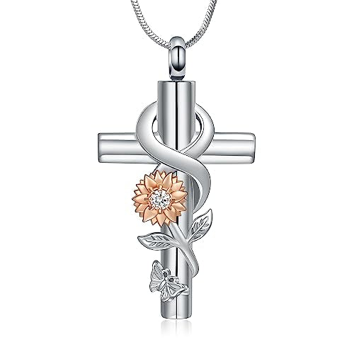 Urn Necklaces for Ashes Butterfly Cremation Jewelry for Ashes for Human Cross with Crystal Butterfly Memorial Ash Pendant Keepsake Jewelry Gifts for Loss of Loved One - color: Sunflower-Silver rose