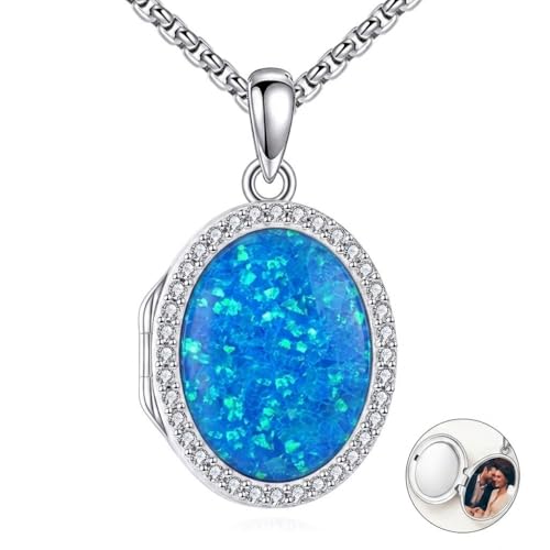 ONEFINITY Locket Necklace Photo Necklace Memorial Jewelry Gifts for Women Mom Wife - color: Dark Blue Opal