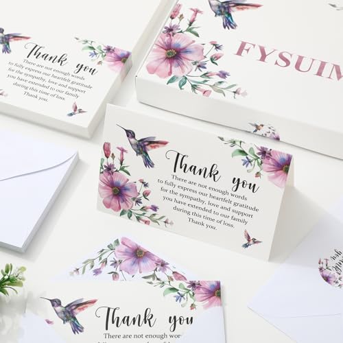 FYSUIMU 50Pcs Funeral Thank You Cards Boxed Purple Floral Hummingbird Sympathy Card with Envelope Sticker Bereavement Cards for Memorial Service Loved Ones Celebration of Life - style: Hummingbird