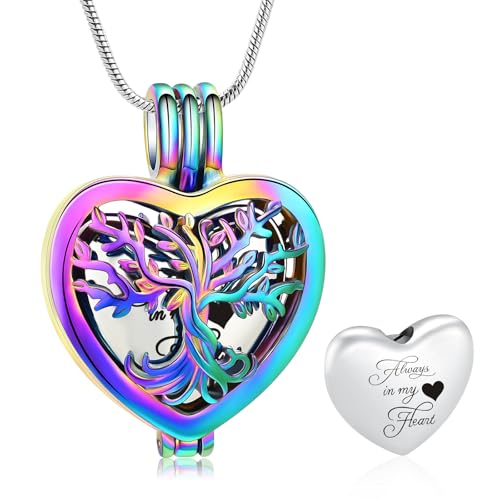 Cremation Jewelry Tree of Life Heart Urn Necklace for Human Ashes for Women Men Always in My Heart Memorial Ashes Keepsake Pendant - color: Rainbow-Silver