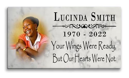 Memorial Stone With Picture - Loved One Loss Gift Custom Photo Marble Memory Plaque 12" x 6" (Your Wings Were Ready) - color: Your Wings Were Ready