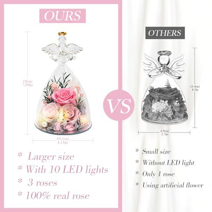 Casaido Mothers Day Rose Gifts for Women, 7" Pink Preserved Roses Flowers in Glass Angel Figurine, Birthday Gift for Mom Wife Grandma, Eternal Rose for Valentines Christmas Anniversary - color: Pink