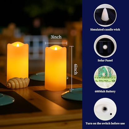 Solar Candles Outdoor Waterproof 2 Pack, 3"x6" Pillar Candles - size: D3"xH6"