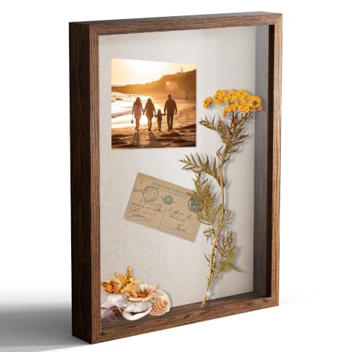 12x16 Large Shadow Box Picture Frame Display Case with Soft Linen Back, Brown Wooden Memory Shadow Box Frame with Tempered Glass Cover for Wall Display - color: Brown, size: 12x16