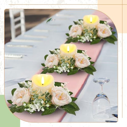 Yunlly 16 Set Rose Candle Rings Wreaths 3 Inch Center with Flameless LED Candles Artificial Rose Light Garland Fake Electric Votive Tealights Bulk Funeral Wedding Table Centerpieces Decor(Champagne) - color: Champagne