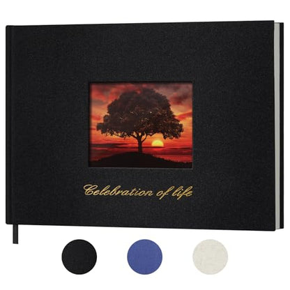 SUNEE Funeral Guest Book for Memorial & Funeral Services – in Loving Memory Funeral Book, Celebration of Life Guest Book with 100 Lined Pages, Table Sign, Ribbon Bookmark and Linen Hardcover, Black - color: Black