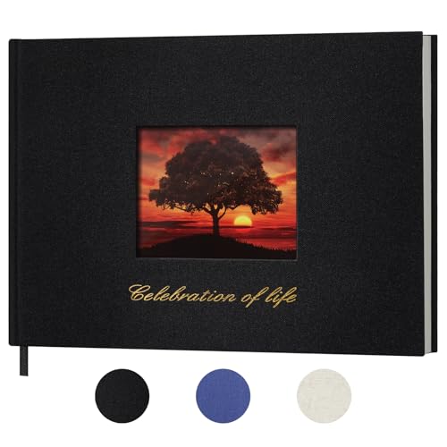 SUNEE Funeral Guest Book for Memorial & Funeral Services – in Loving Memory Funeral Book, Celebration of Life Guest Book with 100 Lined Pages, Table Sign, Ribbon Bookmark and Linen Hardcover, Black - color: Black