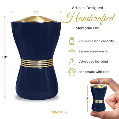Family Tribute Set of Cremation Urn for Human Ashes Male & Female with 1 Large Urn, 1 Small Keepsake & 1 Silver & 1 Black Cross Necklace- Canopic Navy Blue - color: Canopic Navy Blue Set