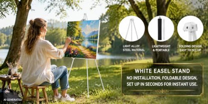 MXG 7-66" Adjustable Metal White Easel Stand for Painting, Sign & Display | Quick Setup Tripod Display Stand with 2 Clips, Portable Foldable Art Easel for Wedding,Posters & Exhibition - color: White