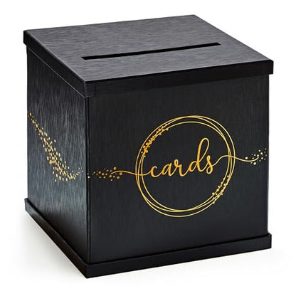 Black & Gold Card Box, Large 10x10 Gift Card Box Envelope Holder with Slot | Wedding Reception, Graduation Party, Funeral Memorial, Birthday, Bridal & Baby Shower, Retirement, Donation Basket, Money