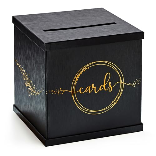 Black & Gold Card Box, Large 10x10 Gift Card Box Envelope Holder with Slot | Wedding Reception, Graduation Party, Funeral Memorial, Birthday, Bridal & Baby Shower, Retirement, Donation Basket, Money