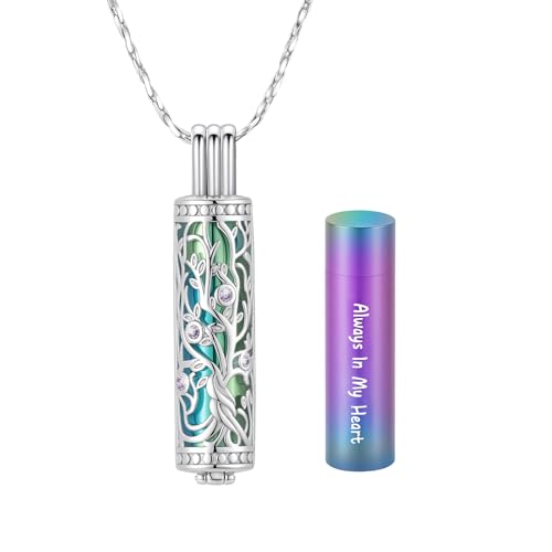 Cylinder Urn Necklace Crystal Tree of Life Cremation Jewelry Pendant for Women Men Vial Cremation Ash Pendant Loved One Memorial Jewelry with Mini Keepsake Urn Ash - Always In My Heart - color: Silver-Colorful-Purple-Always In My Heart
