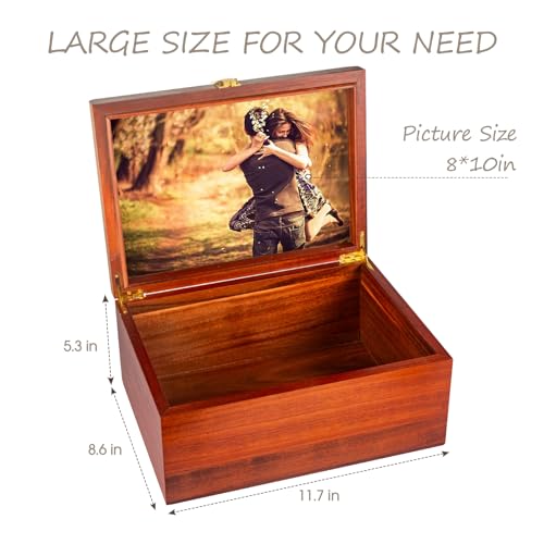Larger Wooden Memory Keepsake Boxes With Hinged Lids and a photo frame inside the lid - Decorative Storage Box With a Hinge Lids For Picture Letter Time Capsule - 5.3“*8.6”*11.7“- Acacia