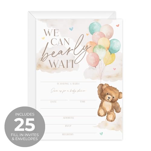We Can Bearly Wait Baby Shower Invitations / 25 Barely Wait Teddy Bear Gender Neutral Baby Shower Invites With White Envelopes / 5" x 7" Flat Fill In Gender Reveal Boy Or Girl Invitation Cards / Made In The USA - color: Bear and Balloons
