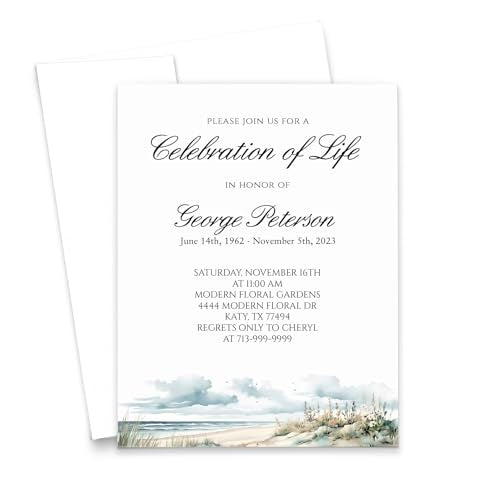 Custom Celebration of Life Invitation Cards and Envelopes, FLAT Personalized Memorial Card for Funeral Beach, Elegant Script Invitations Funerals, Landscape, Your Choice of Quantity and Envelope Color - color: Beach