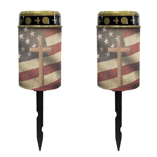 Cross and USA Flag Solar Memorial Lights for Graves Waterproof Outdoor Light Decor for Cemetery Solar Lights for Grave Decorative 4th of July Solar Light Flameless Candle Grave Lamp Set of 2 - color: Cross and USA Flag