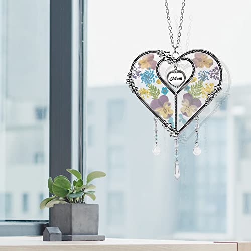 LARAINE Heart Suncatcher with Pressed Flower Wings Mom's Day Love Glass Wind Chime Ornament Charm with Metal Heart Gifts for Mom, Grandma, Aunt, Birthday (Blue) - size: Mom