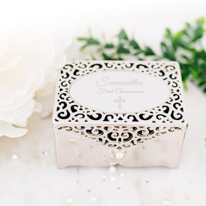 Cherished Moments Personalized First Communion Filigree Rectangle Jewelry Box - color: Silver-Communion