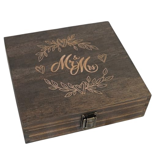 Mr and Mrs Wedding Memory Box- Wooden Keepsake Box with Lid for Couples, Rustic Storage Box for Cards, Photos & Mementos, Wedding Anniversary & Engagement Gift- 8.5 x 8 x 2.4 Inches - size: Small, style: Mr & Mrs