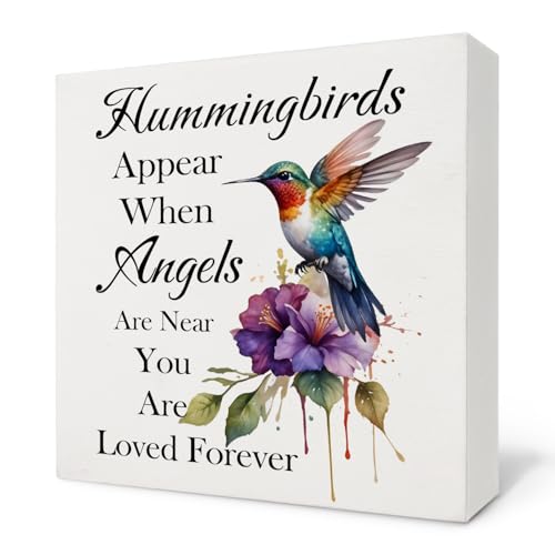 Memorial Hummingbird Decorations, Sympathy Bereavement Gifts for Loss Loved One Wooden Box Sign, Memorial Hummingbird Wood Block Plaque for Home Office Desk Shelf Tabletop Decor 5x5 Inch - color: Memorial 02