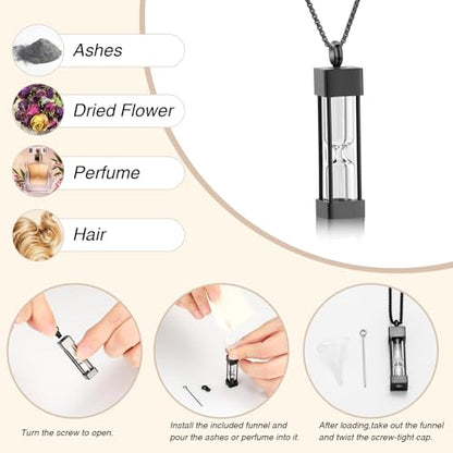 Oinsi Glass Hourglass Cremation Jewelry for Ashes Cylinder Urn Necklace Container Vial Necklaces Bottle Memorial Cremation Keepsake Jewelry Ash Pendant for Women/Men - color: Black